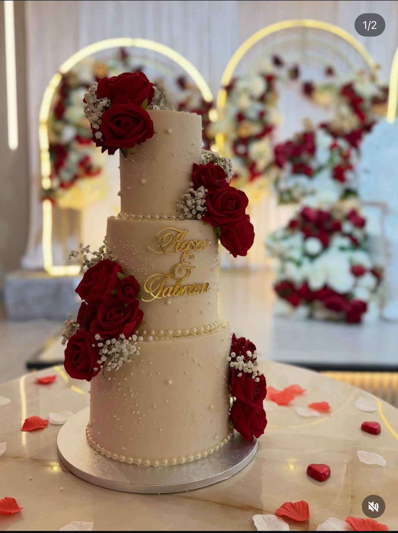 3-tier custom wedding cake with red roses made at Desi Cakes & Shakes, Chadderton, Oldham